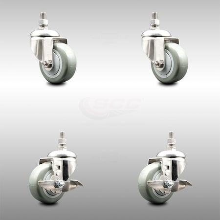 Service Caster 3 Inch 316SS Gray Polyurethane Swivel 12mm Threaded Stem Caster Brake, 2PK SCC-SS316TS20S314-PPUB-M1215-2-TLB-2